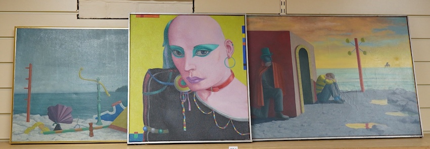 Patrick Burke (1932–2010), Two surreal beach scenes and a portrait study, each signed and inscribed verso, three oils on canvas, largest 50 x 76cm